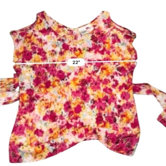 Como M Abstract Floral Belted Tunic Top, Vibrant Pink Yellow Print, Size M - Picture 2 of 11